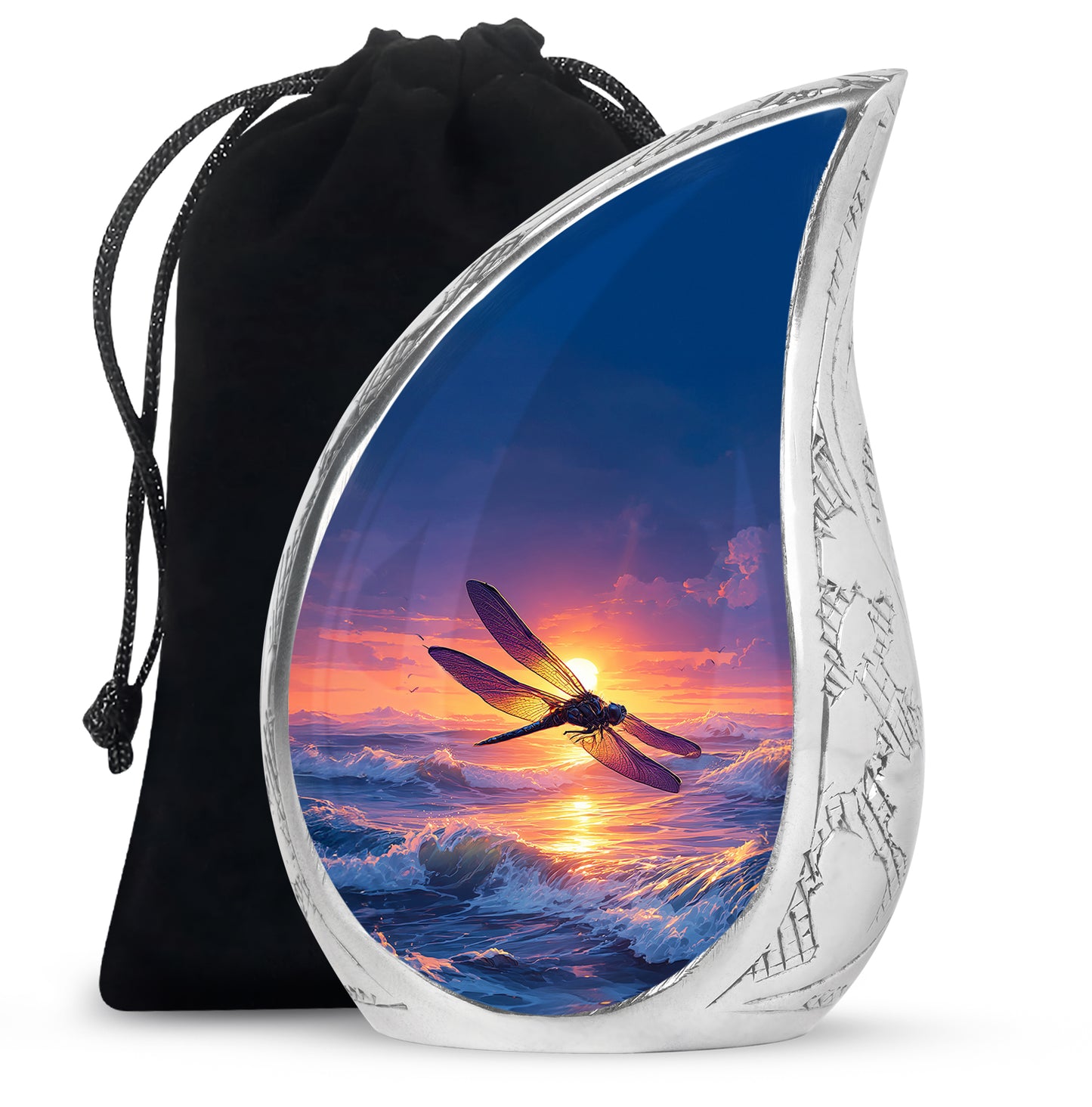 Dusty Blue Dragonfly Cremation Urn front view showing detailed design - rounded teardrop dragonfly design with delicate detail - full-size 10 inch 200 cubic inch adult cremation urn