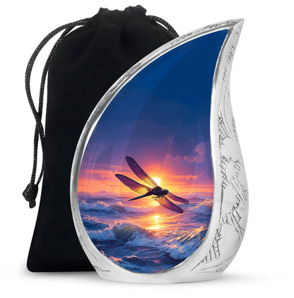 Dusty Blue Dragonfly Cremation Urn front view showing detailed design - rounded teardrop dragonfly design with delicate detail - full-size 10 inch 200 cubic inch adult cremation urn