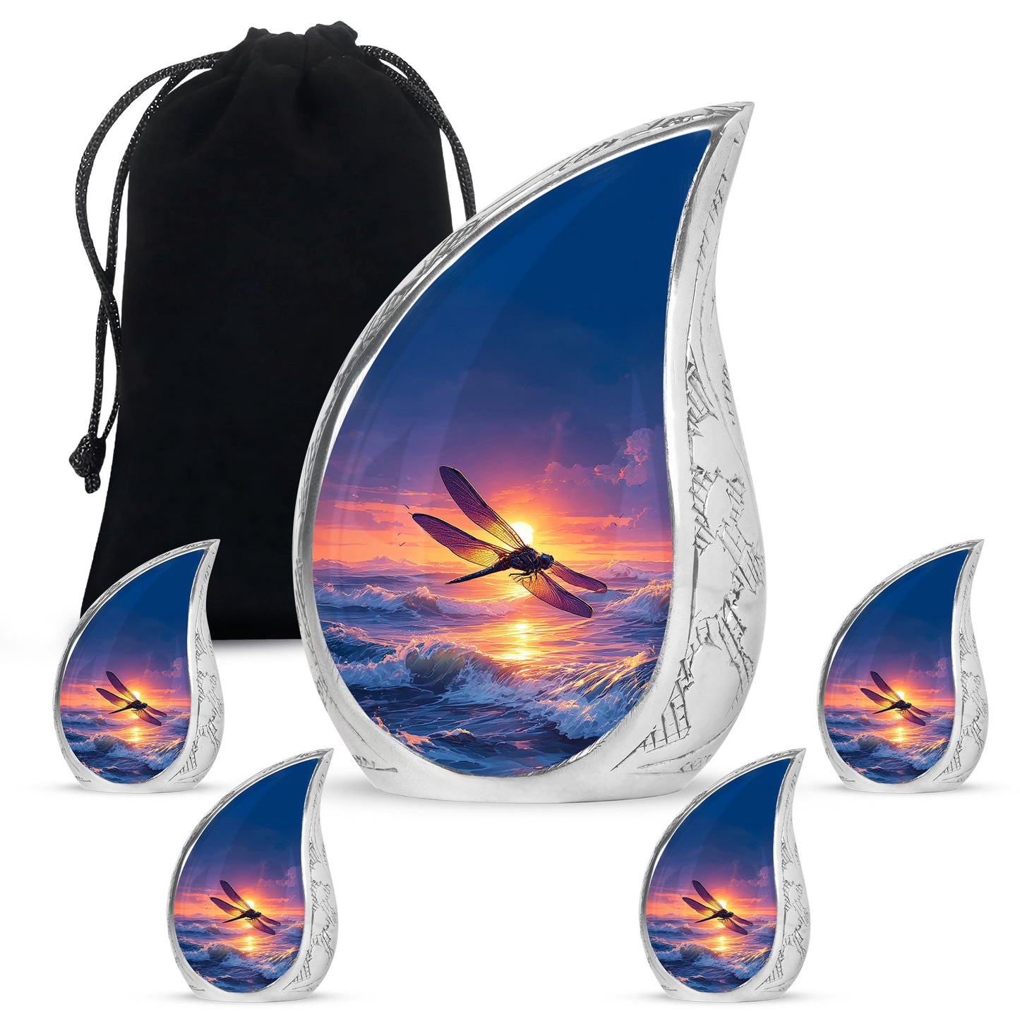 Cornflower Blue Dragonfly Cremation Urn side profile showing urn shape - smooth teardrop contour featuring dragonfly art - memorial set with one large and four small urns
