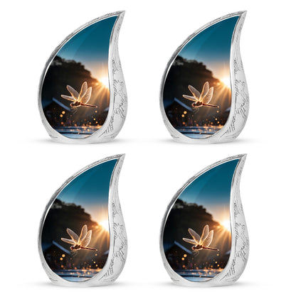 Ebony Dragonfly Cremation Urn close-up of engraving and surface detail - rounded teardrop dragonfly design with delicate detail - 10 inch aluminum urn for cremated remains