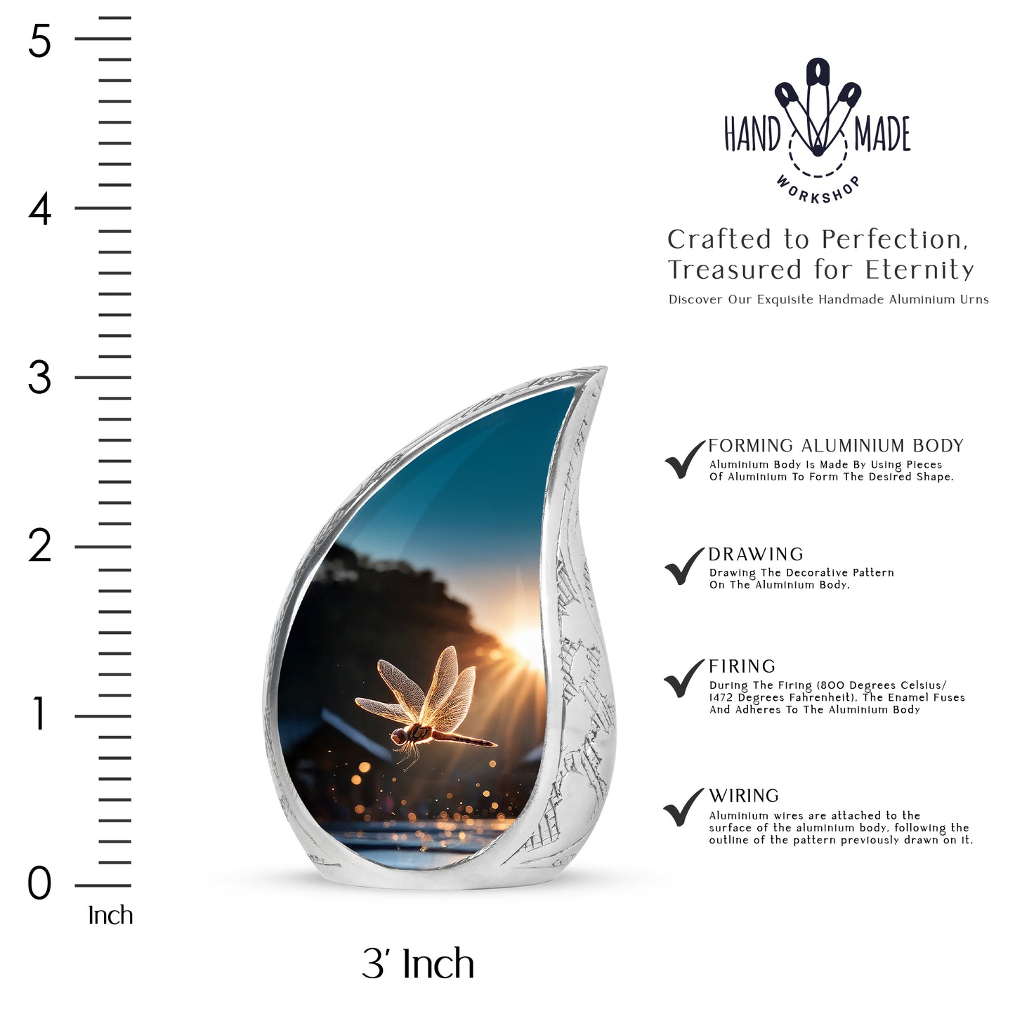 Charcoal Black Dragonfly Cremation Urn angled view of lid and engraved motif - graceful tear-shaped urn with dragonfly motif - mini keepsake memorial for portion of cremation ashes