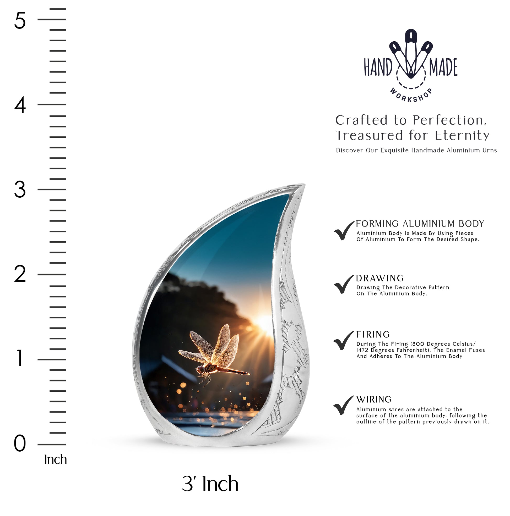 Charcoal Black Dragonfly Cremation Urn angled view of lid and engraved motif - graceful tear-shaped urn with dragonfly motif - mini keepsake memorial for portion of cremation ashes
