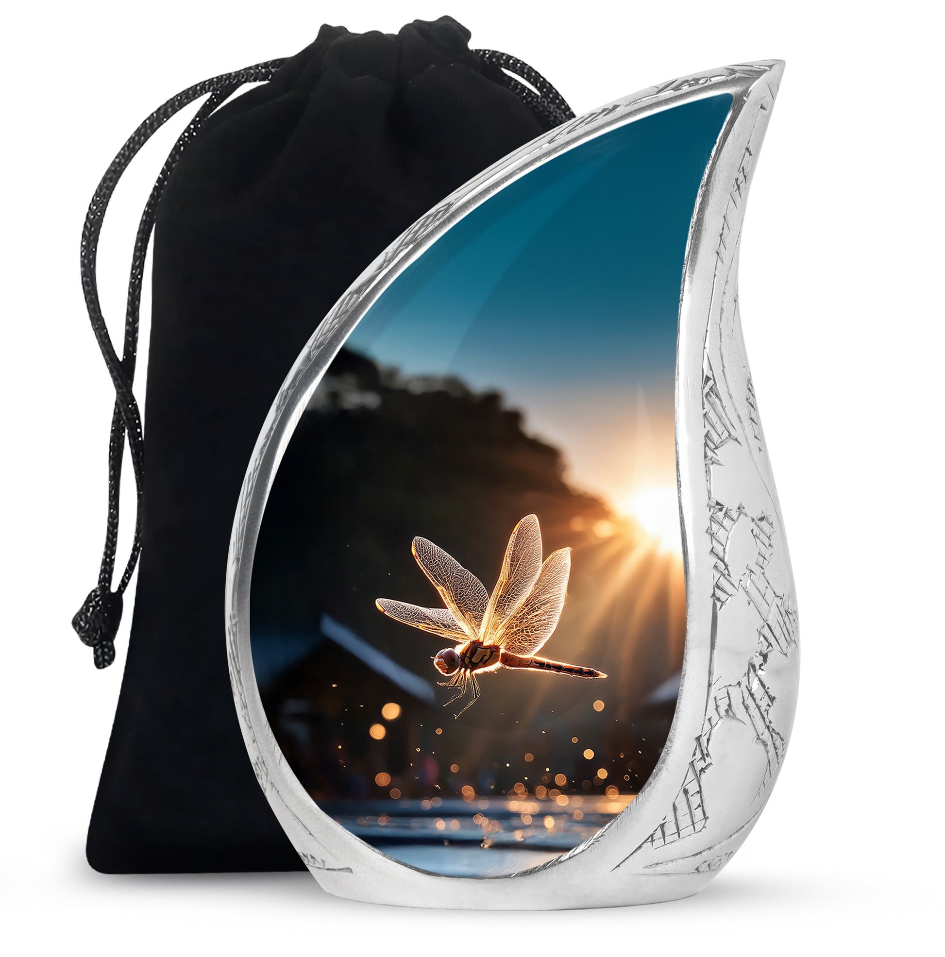 Deep Black Dragonfly Cremation Urn front view showing detailed design - flowing teardrop dragonfly silhouette on curved aluminum - full-size 10 inch 200 cubic inch adult cremation urn