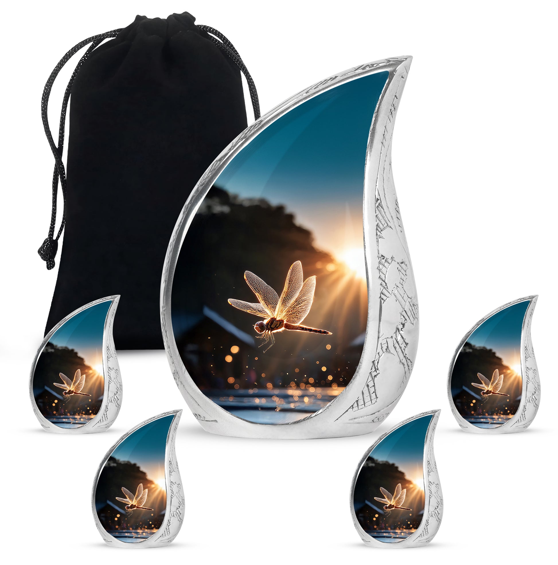 Deep Black Dragonfly Cremation Urn side profile showing urn shape - rounded teardrop dragonfly design with delicate detail - memorial set with one large and four small urns