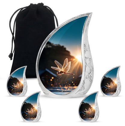 Deep Black Dragonfly Cremation Urn side profile showing urn shape - rounded teardrop dragonfly design with delicate detail - memorial set with one large and four small urns