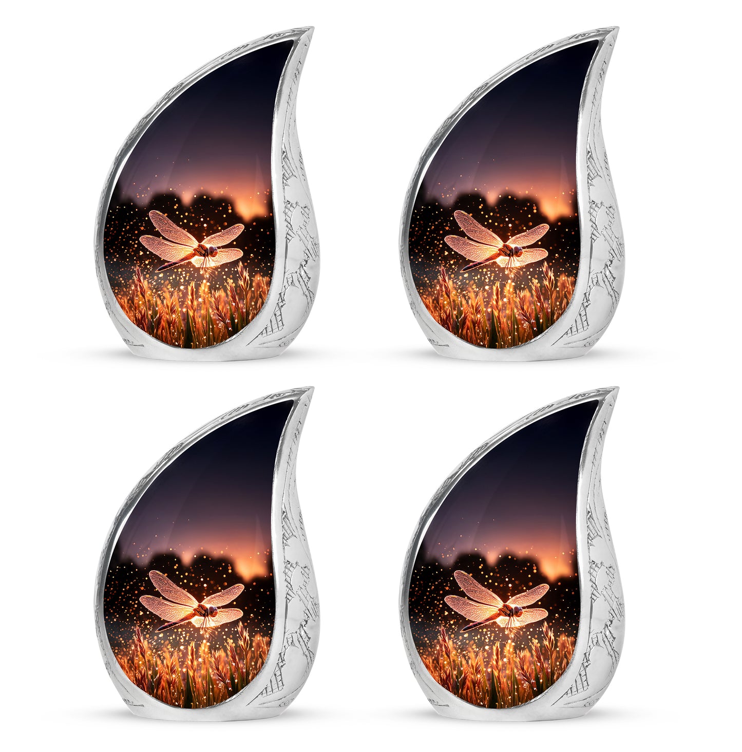 Blush Pink Dragonfly Cremation Urn close-up of engraving and surface detail - flowing teardrop dragonfly silhouette on curved aluminum - 10 inch aluminum urn for cremated remains