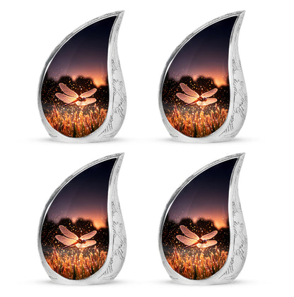 Blush Pink Dragonfly Cremation Urn close-up of engraving and surface detail - flowing teardrop dragonfly silhouette on curved aluminum - 10 inch aluminum urn for cremated remains