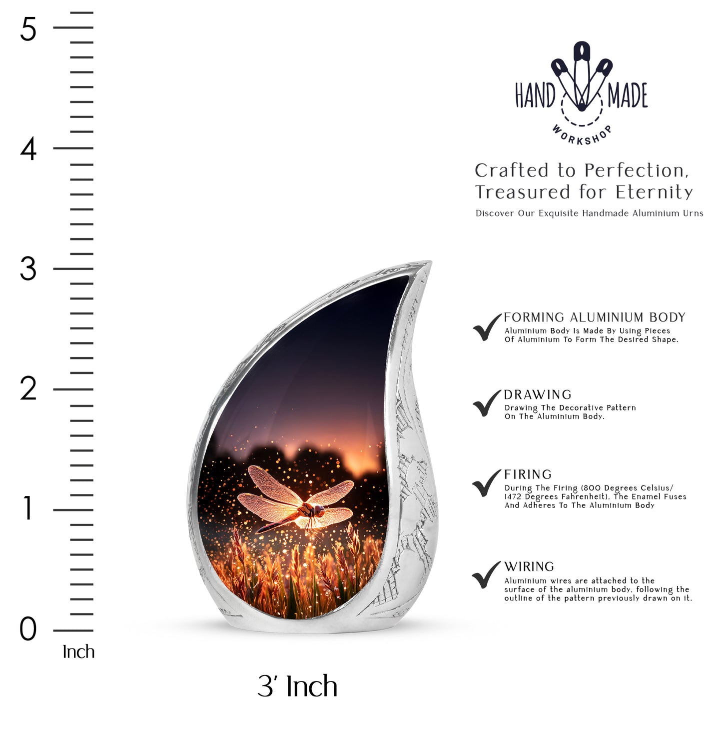 Dusty Pink Dragonfly Cremation Urn angled view of lid and engraved motif - graceful tear-shaped urn with dragonfly motif - mini keepsake memorial for portion of cremation ashes