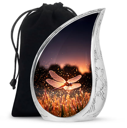 Vintage Pink Dragonfly Cremation Urn front view showing detailed design - smooth teardrop contour featuring dragonfly art - full-size 10 inch 200 cubic inch adult cremation urn