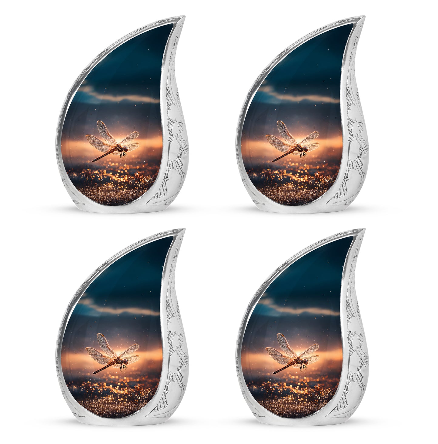 Royal Blue Dragonfly Cremation Urn close-up of engraving and surface detail - smooth teardrop contour featuring dragonfly art - 10 inch aluminum urn for cremated remains