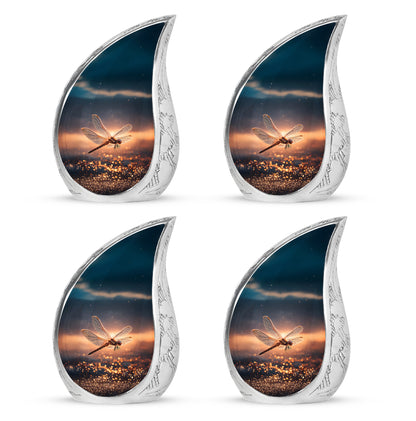 Royal Blue Dragonfly Cremation Urn close-up of engraving and surface detail - smooth teardrop contour featuring dragonfly art - 10 inch aluminum urn for cremated remains