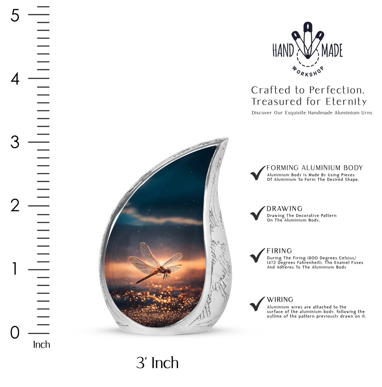 Royal Blue Dragonfly Cremation Urn angled view of lid and engraved motif - graceful tear-shaped urn with dragonfly motif - mini keepsake memorial for portion of cremation ashes