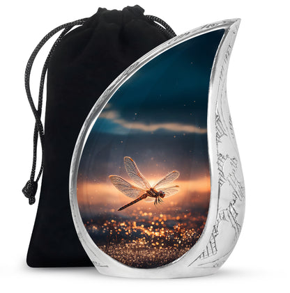 Twilight Blue Dragonfly Cremation Urn front view showing detailed design - smooth teardrop contour featuring dragonfly art - full-size 10 inch 200 cubic inch adult cremation urn