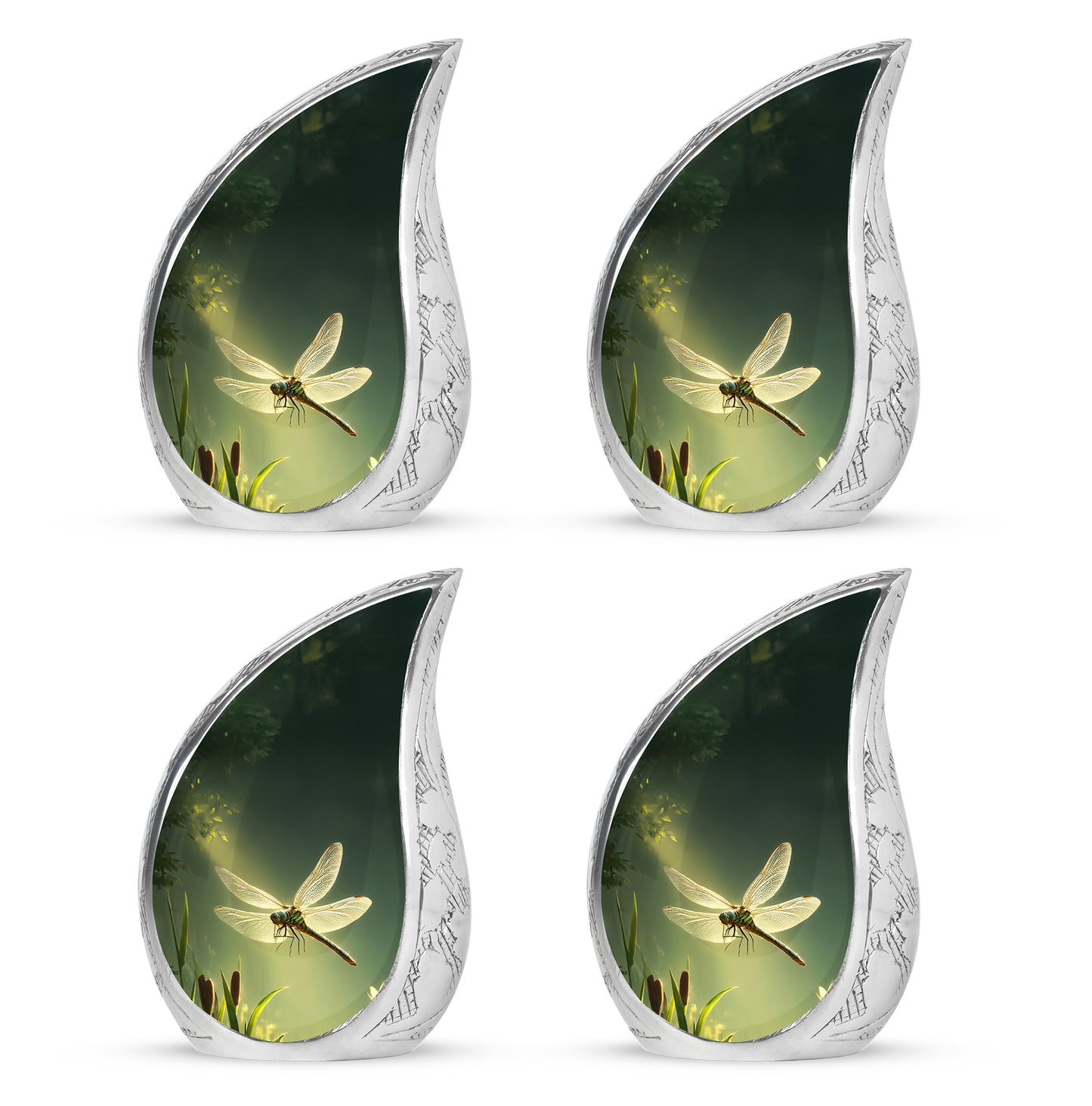 Forest Green Dragonfly Cremation Urn close-up of engraving and surface detail - smooth teardrop contour featuring dragonfly art - 10 inch aluminum urn for cremated remains