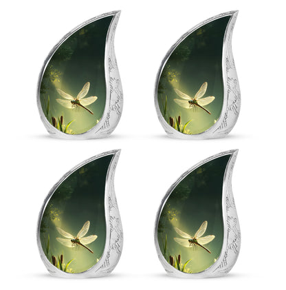 Forest Green Dragonfly Cremation Urn close-up of engraving and surface detail - smooth teardrop contour featuring dragonfly art - 10 inch aluminum urn for cremated remains