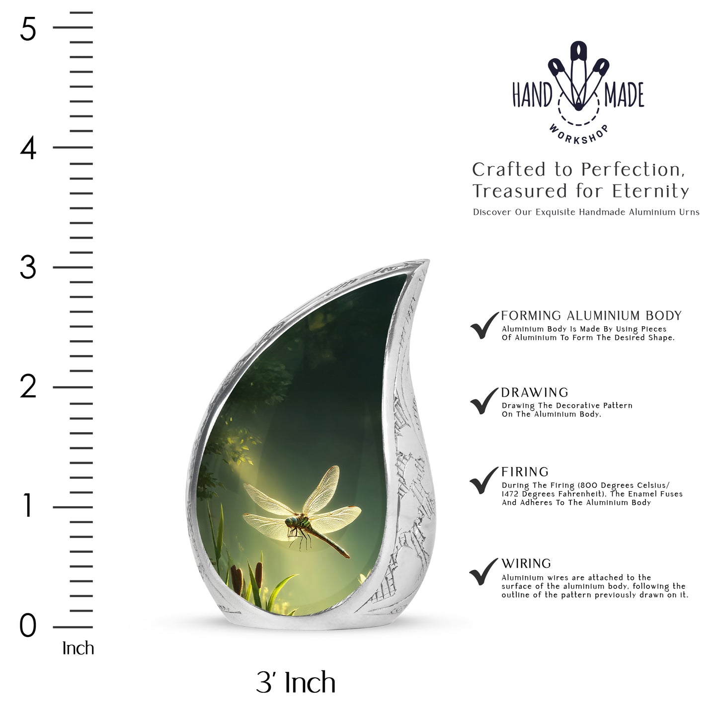 Verdant Green Dragonfly Cremation Urn angled view of lid and engraved motif - flowing teardrop dragonfly silhouette on curved aluminum - mini keepsake memorial for portion of cremation ashes