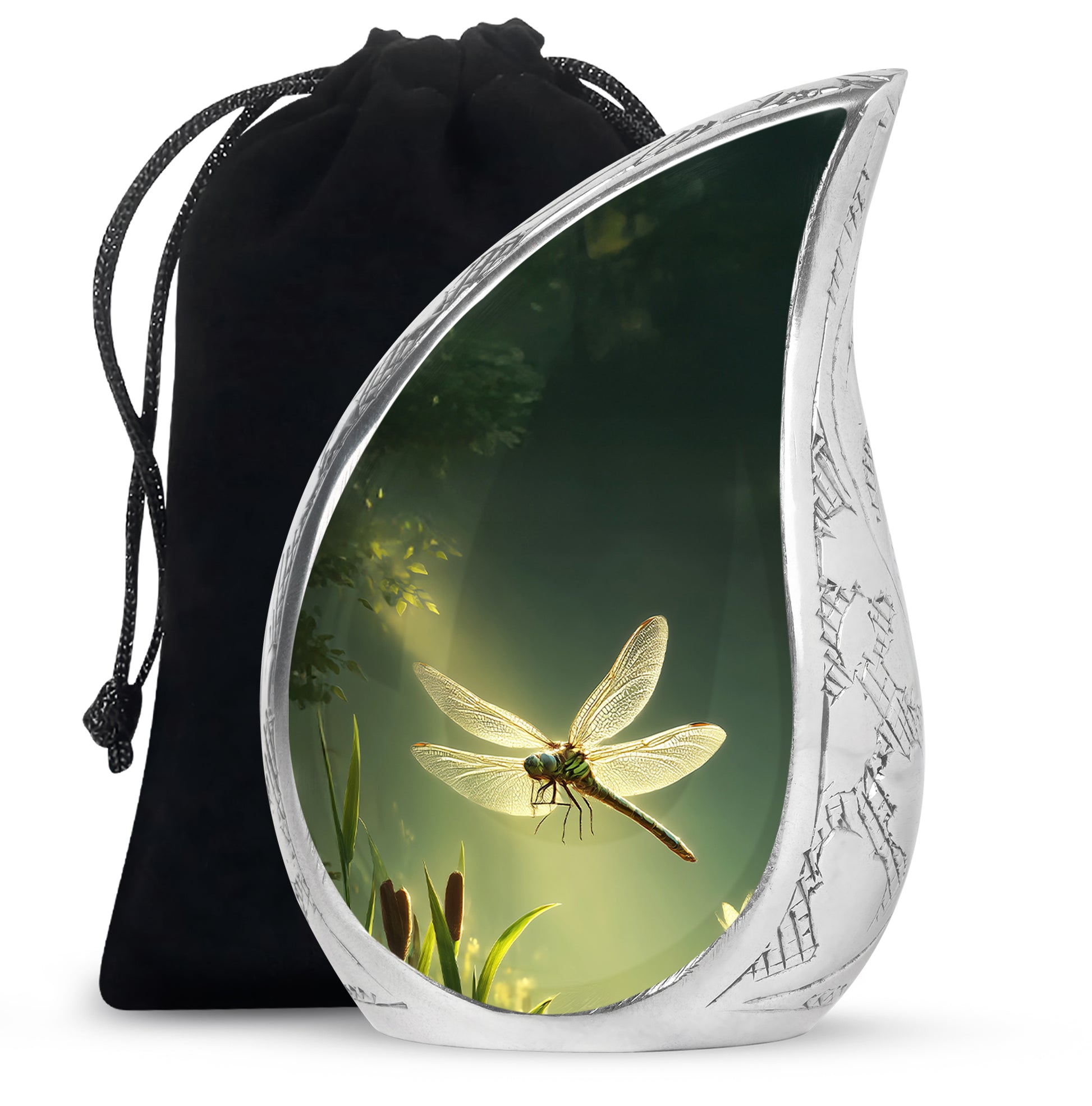 Jade Green Dragonfly Cremation Urn front view showing detailed design - rounded teardrop dragonfly design with delicate detail - full-size 10 inch 200 cubic inch adult cremation urn