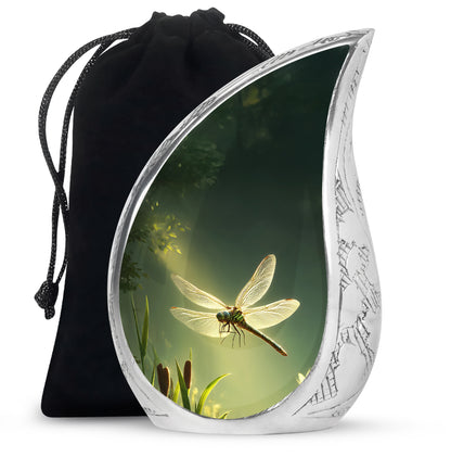 Jade Green Dragonfly Cremation Urn front view showing detailed design - rounded teardrop dragonfly design with delicate detail - full-size 10 inch 200 cubic inch adult cremation urn