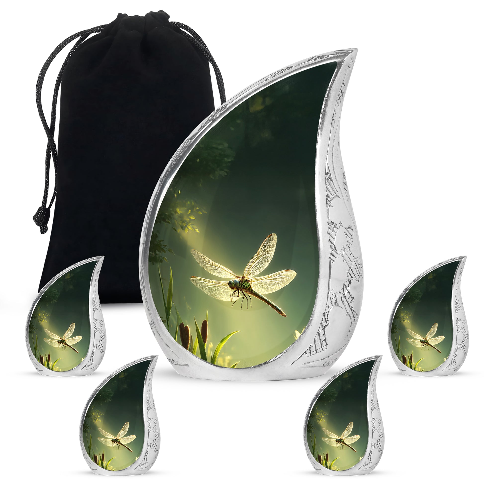 Sage Green Dragonfly Cremation Urn side profile showing urn shape - rounded teardrop dragonfly design with delicate detail - memorial set with one large and four small urns