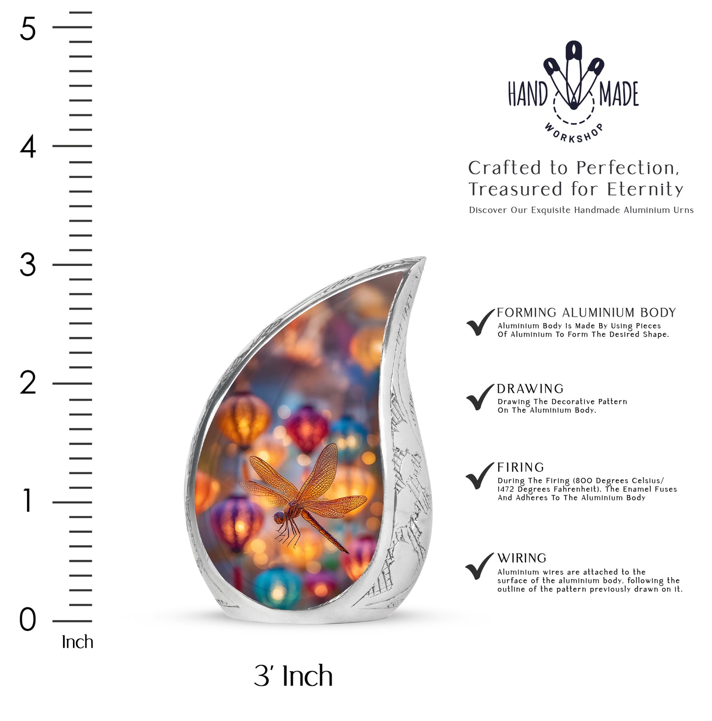 Royal Blue Dragonfly Cremation Urn angled view of lid and engraved motif - graceful tear-shaped urn with dragonfly motif - mini keepsake memorial for portion of cremation ashes