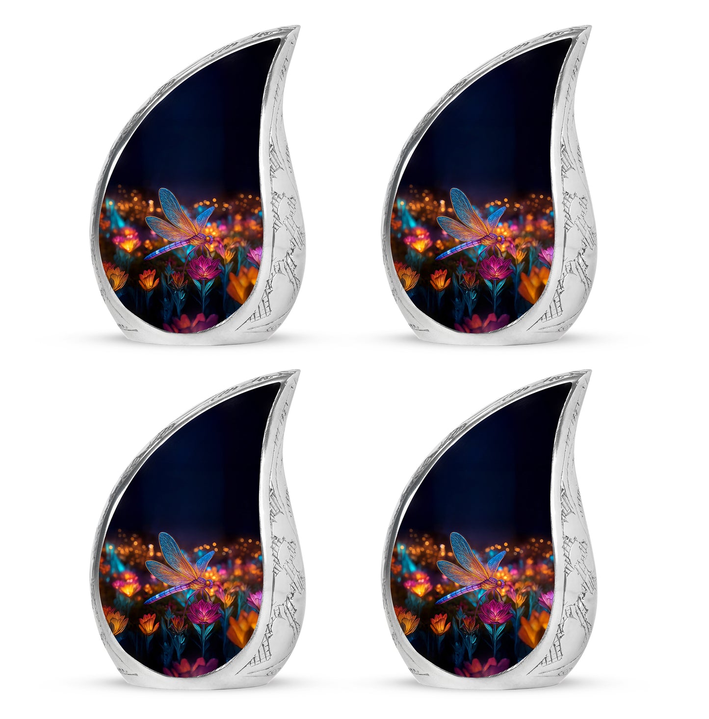 Deep Black Dragonfly Cremation Urn close-up of engraving and surface detail - flowing teardrop dragonfly silhouette on curved aluminum - 10 inch aluminum urn for cremated remains
