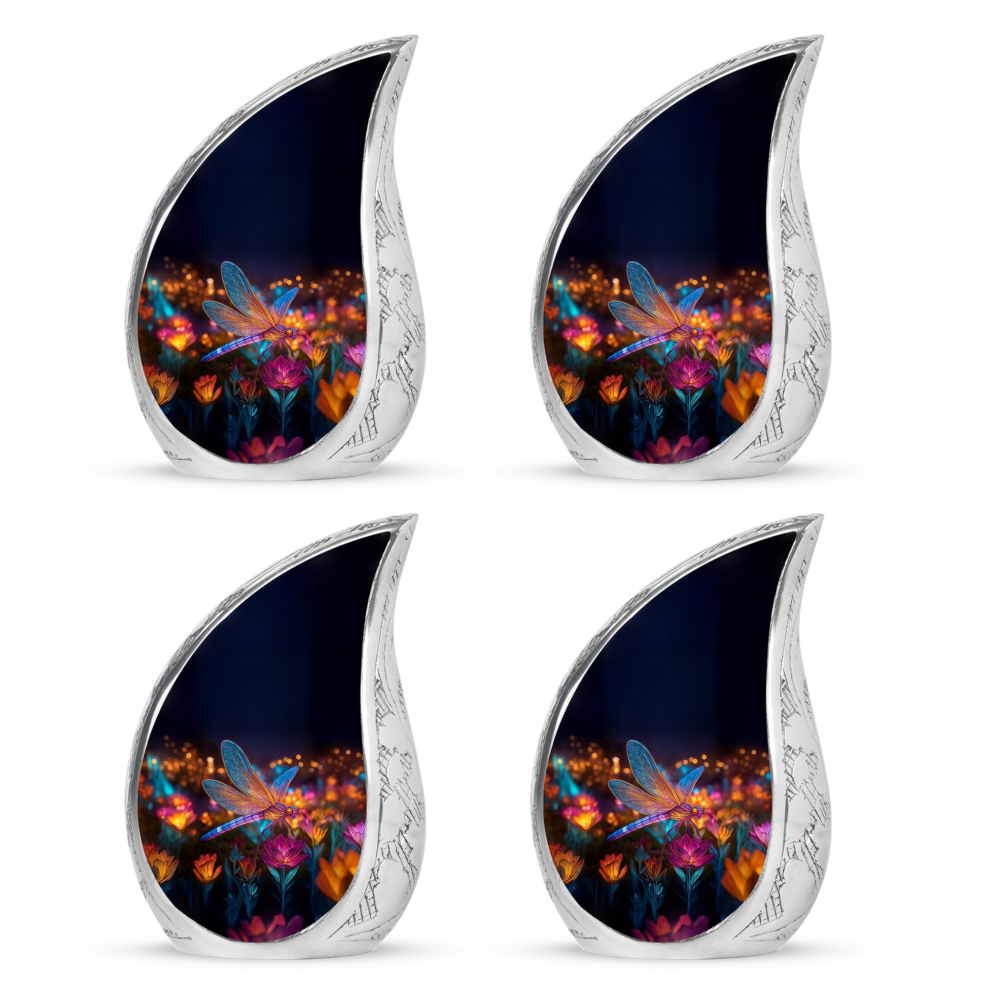 Deep Black Dragonfly Cremation Urn close-up of engraving and surface detail - flowing teardrop dragonfly silhouette on curved aluminum - 10 inch aluminum urn for cremated remains