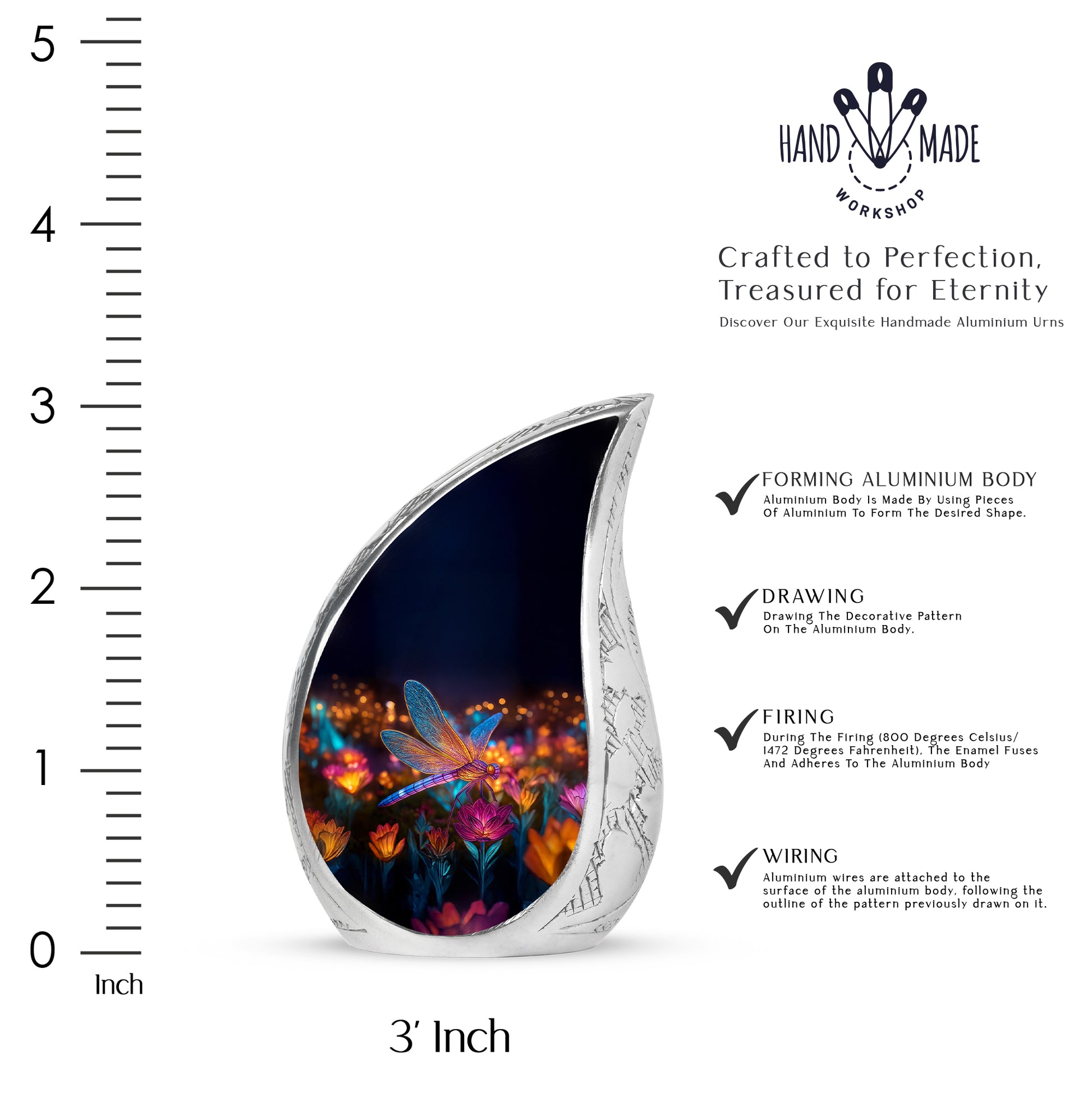 Charcoal Black Dragonfly Cremation Urn angled view of lid and engraved motif - smooth teardrop contour featuring dragonfly art - mini keepsake memorial for portion of cremation ashes