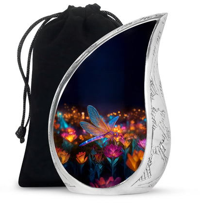 Charcoal Black Dragonfly Cremation Urn front view showing detailed design - smooth teardrop contour featuring dragonfly art - full-size 10 inch 200 cubic inch adult cremation urn