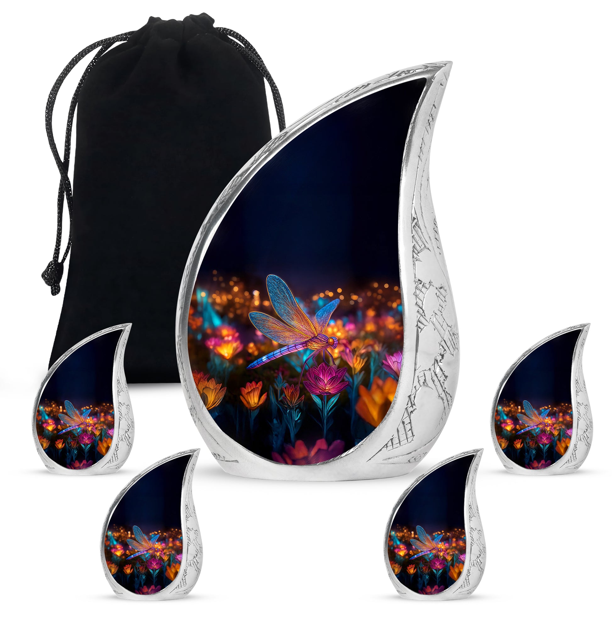 Ebony Dragonfly Cremation Urn side profile showing urn shape - flowing teardrop dragonfly silhouette on curved aluminum - memorial set with one large and four small urns