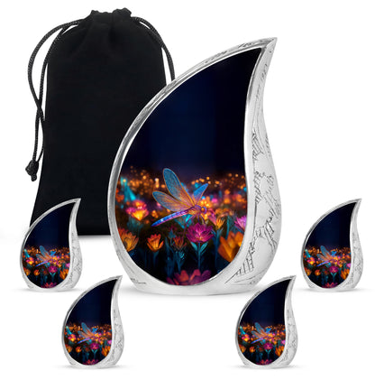 Ebony Dragonfly Cremation Urn side profile showing urn shape - flowing teardrop dragonfly silhouette on curved aluminum - memorial set with one large and four small urns