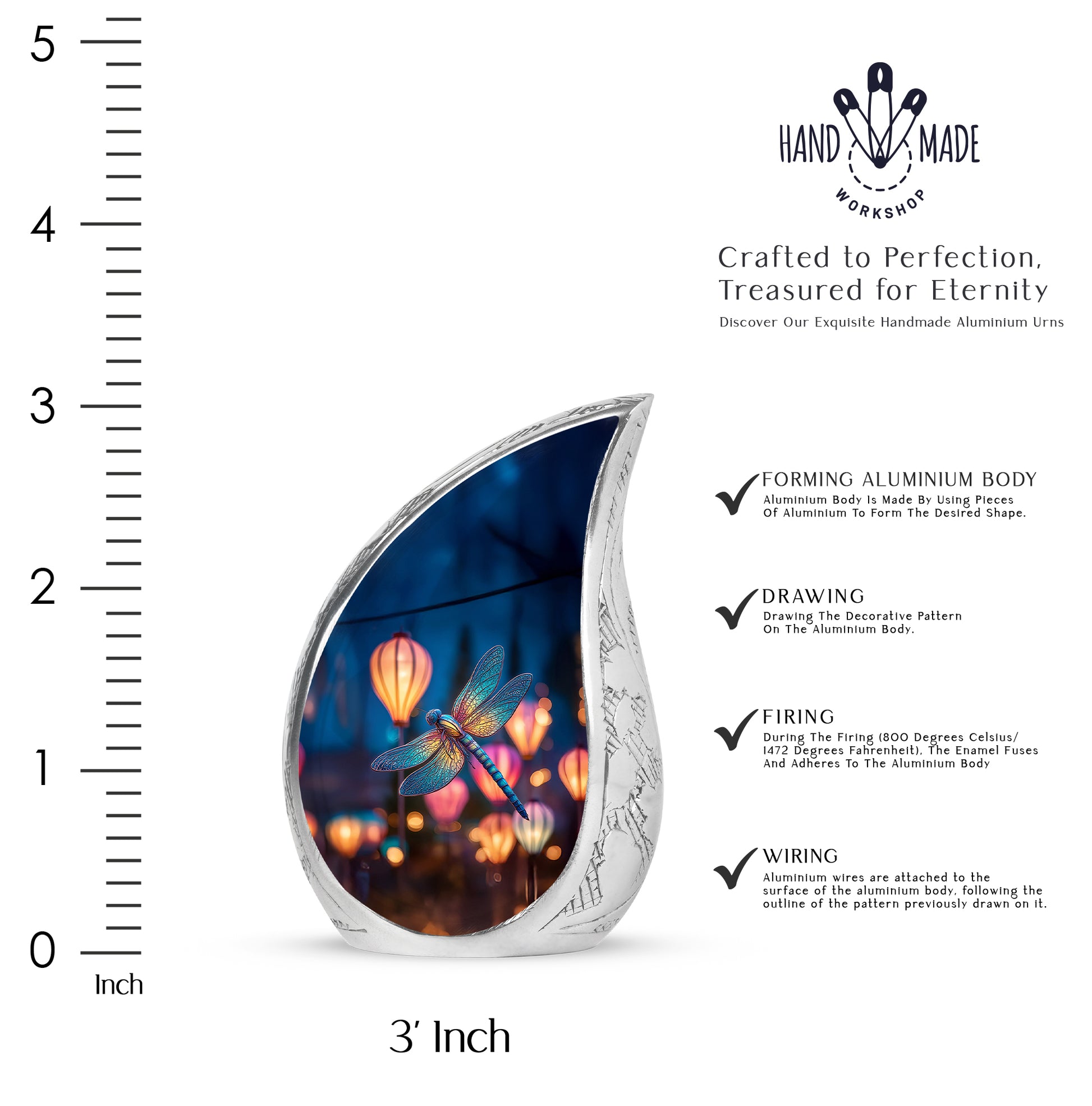 Cobalt Blue Dragonfly Cremation Urn angled view of lid and engraved motif - graceful tear-shaped urn with dragonfly motif - mini keepsake memorial for portion of cremation ashes