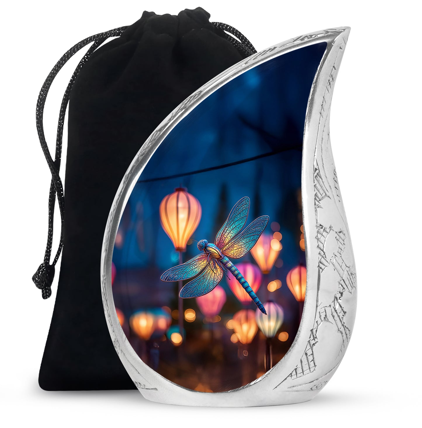 Slate Blue Dragonfly Cremation Urn front view showing detailed design - rounded teardrop dragonfly design with delicate detail - full-size 10 inch 200 cubic inch adult cremation urn
