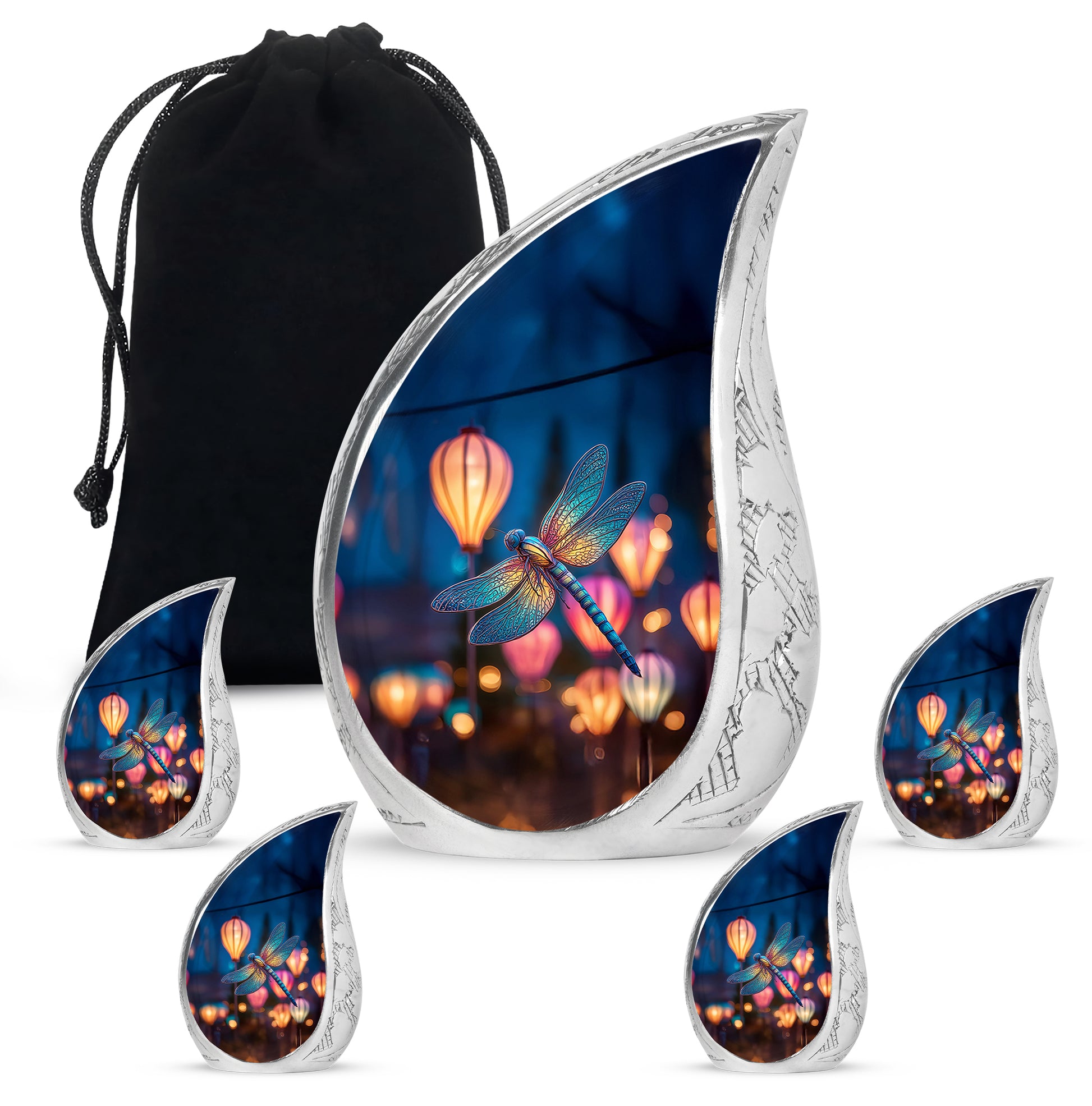 Misty Blue Dragonfly Cremation Urn side profile showing urn shape - flowing teardrop dragonfly silhouette on curved aluminum - memorial set with one large and four small urns