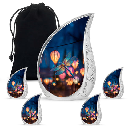 Misty Blue Dragonfly Cremation Urn side profile showing urn shape - flowing teardrop dragonfly silhouette on curved aluminum - memorial set with one large and four small urns