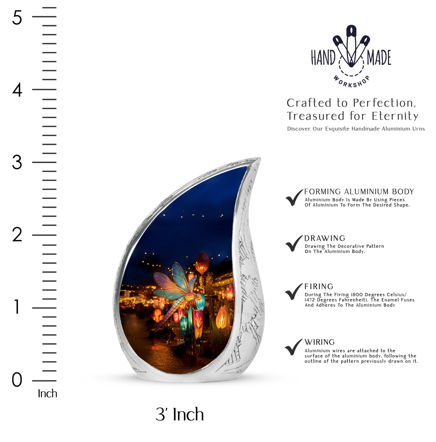 Steel Blue Dragonfly Cremation Urn angled view of lid and engraved motif - smooth teardrop contour featuring dragonfly art - mini keepsake memorial for portion of cremation ashes