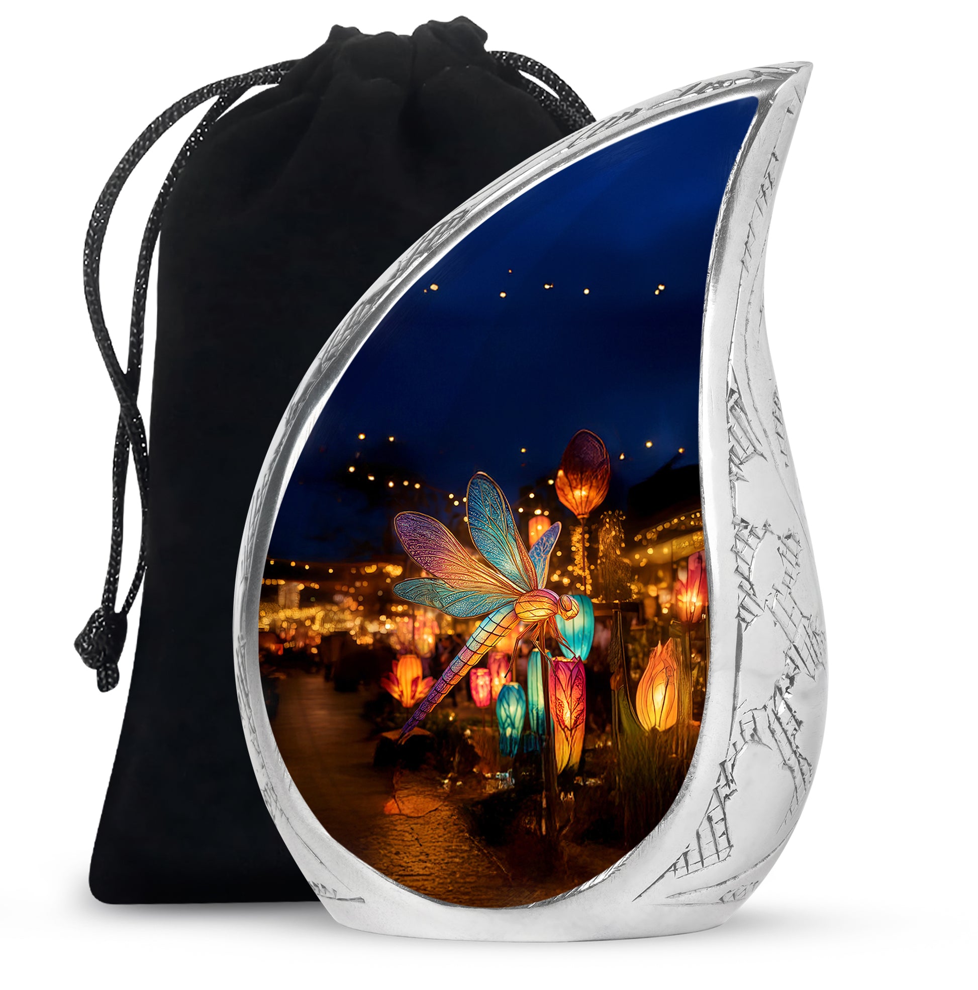 Steel Blue Dragonfly Cremation Urn front view showing detailed design - graceful tear-shaped urn with dragonfly motif - full-size 10 inch 200 cubic inch adult cremation urn