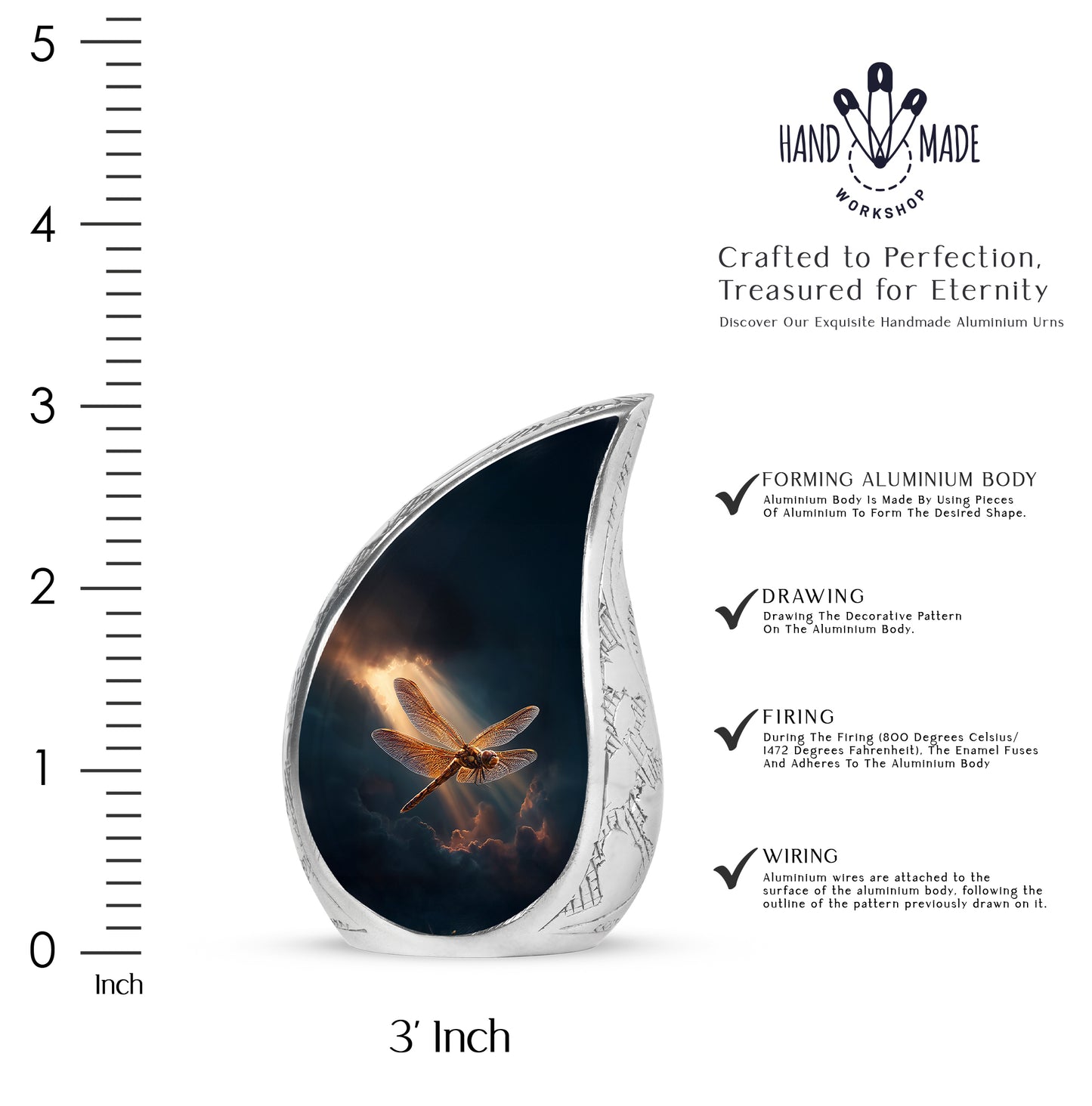 Sapphire Blue Dragonfly Cremation Urn angled view of lid and engraved motif - graceful tear-shaped urn with dragonfly motif - mini keepsake memorial for portion of cremation ashes
