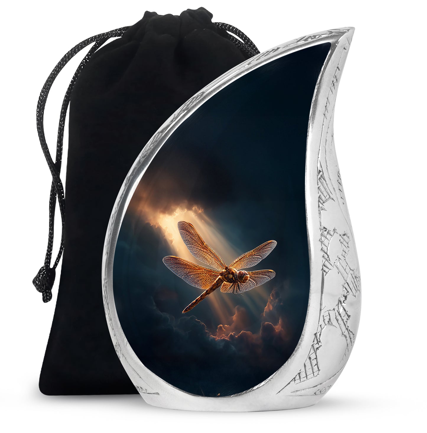 Bright Blue Dragonfly Cremation Urn front view showing detailed design - smooth teardrop contour featuring dragonfly art - full-size 10 inch 200 cubic inch adult cremation urn