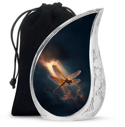 Bright Blue Dragonfly Cremation Urn front view showing detailed design - smooth teardrop contour featuring dragonfly art - full-size 10 inch 200 cubic inch adult cremation urn