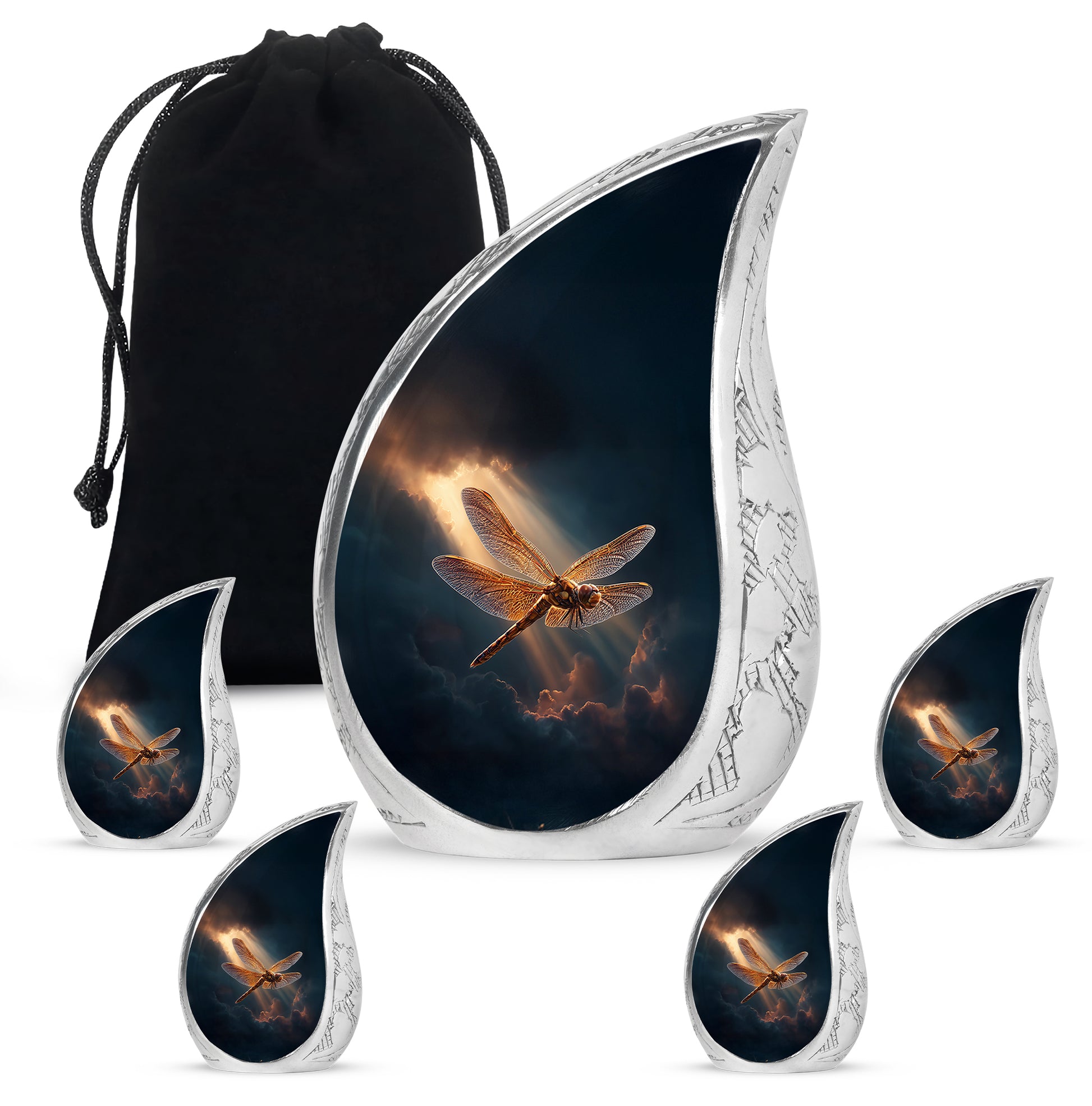 Indigo Dragonfly Cremation Urn side profile showing urn shape - flowing teardrop dragonfly silhouette on curved aluminum - memorial set with one large and four small urns