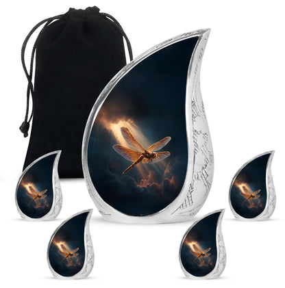 Indigo Dragonfly Cremation Urn side profile showing urn shape - flowing teardrop dragonfly silhouette on curved aluminum - memorial set with one large and four small urns