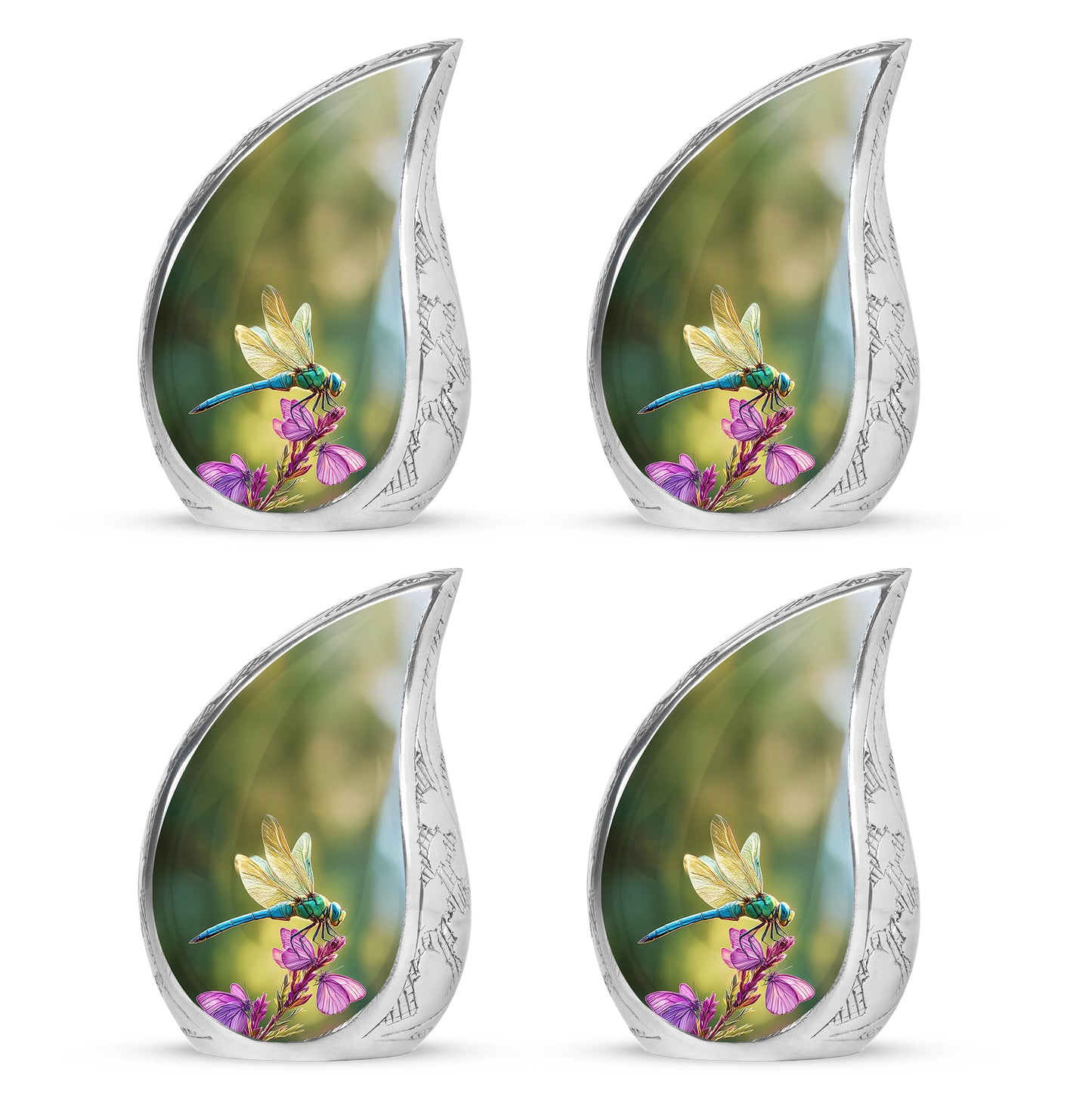 Jade Green Dragonfly Cremation Urn close-up of engraving and surface detail - rounded teardrop dragonfly design with delicate detail - 10 inch aluminum urn for cremated remains