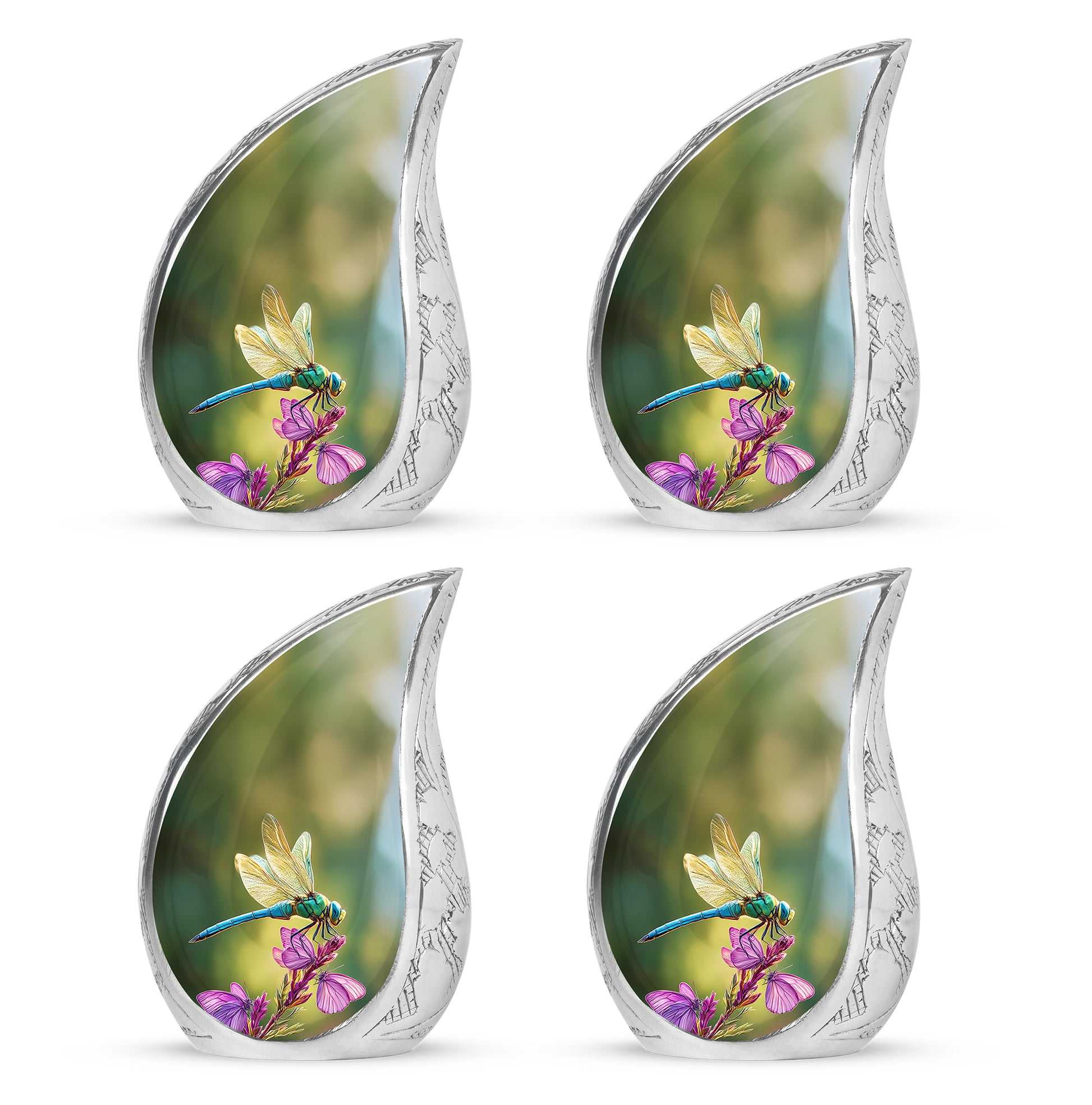 Jade Green Dragonfly Cremation Urn close-up of engraving and surface detail - rounded teardrop dragonfly design with delicate detail - 10 inch aluminum urn for cremated remains