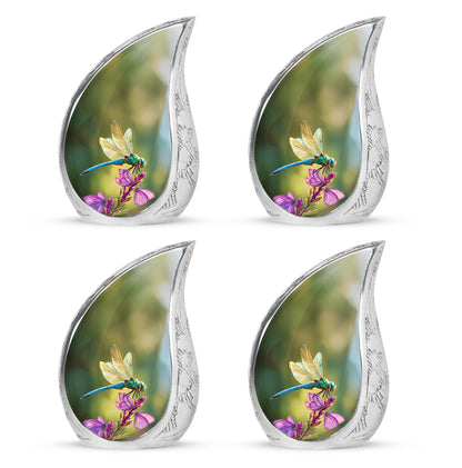 Jade Green Dragonfly Cremation Urn close-up of engraving and surface detail - rounded teardrop dragonfly design with delicate detail - 10 inch aluminum urn for cremated remains
