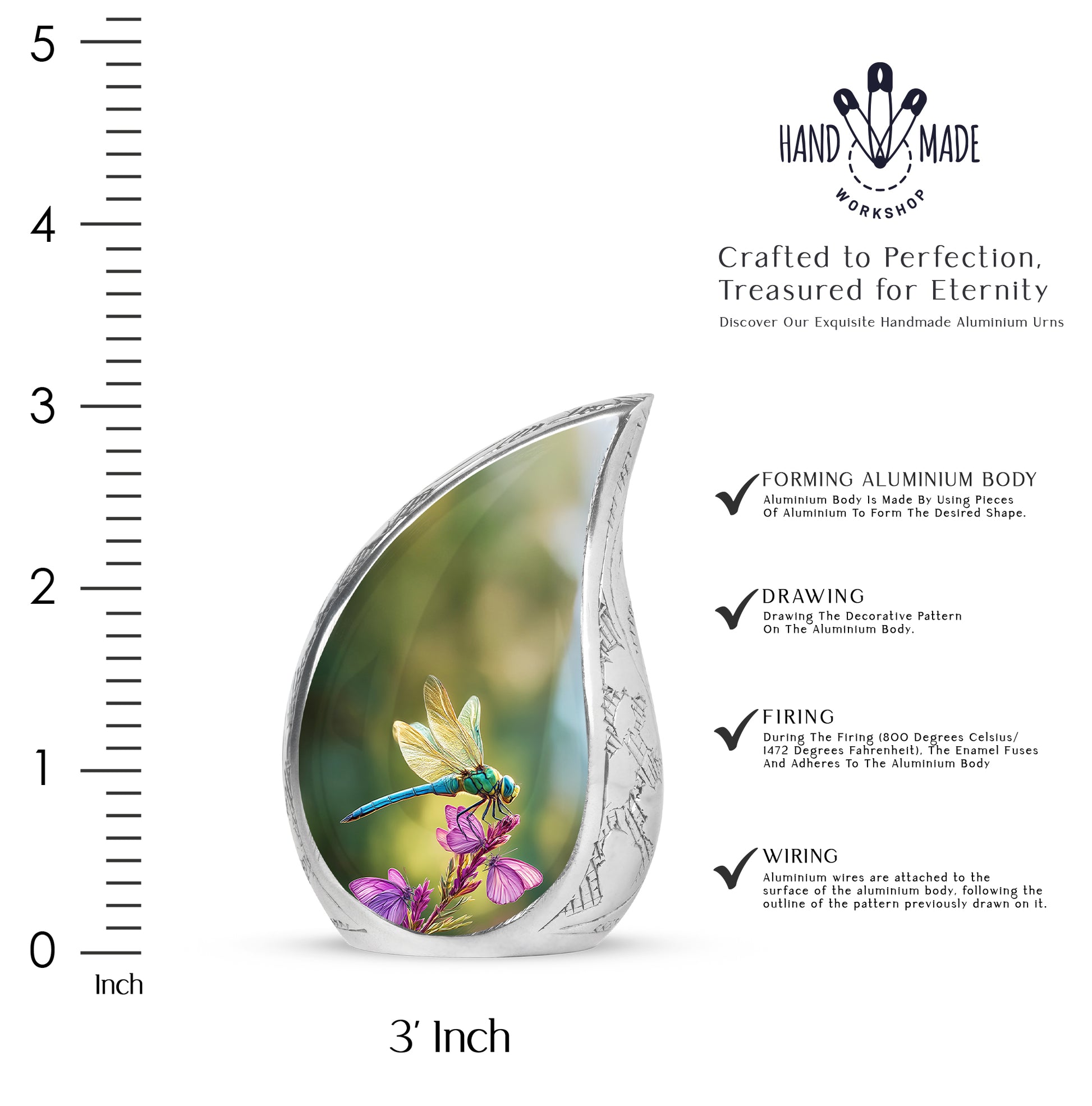Sage Green Dragonfly Cremation Urn angled view of lid and engraved motif - flowing teardrop dragonfly silhouette on curved aluminum - mini keepsake memorial for portion of cremation ashes