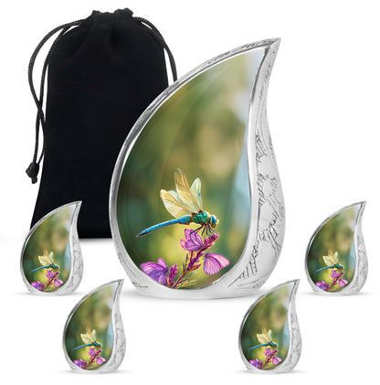 Jade Green Dragonfly Cremation Urn side profile showing urn shape - rounded teardrop dragonfly design with delicate detail - memorial set with one large and four small urns