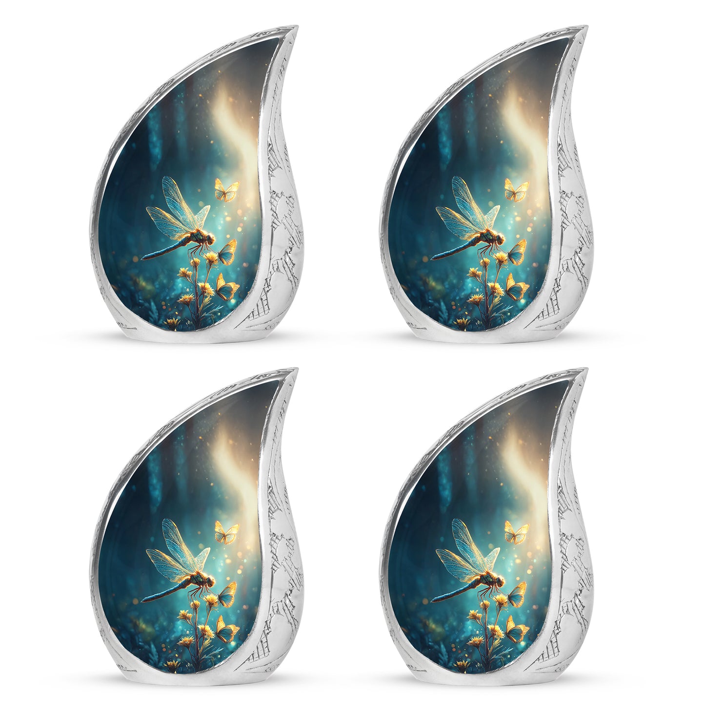 Serene Blue Dragonfly Cremation Urn close-up of engraving and surface detail - smooth teardrop contour featuring dragonfly art - 10 inch aluminum urn for cremated remains