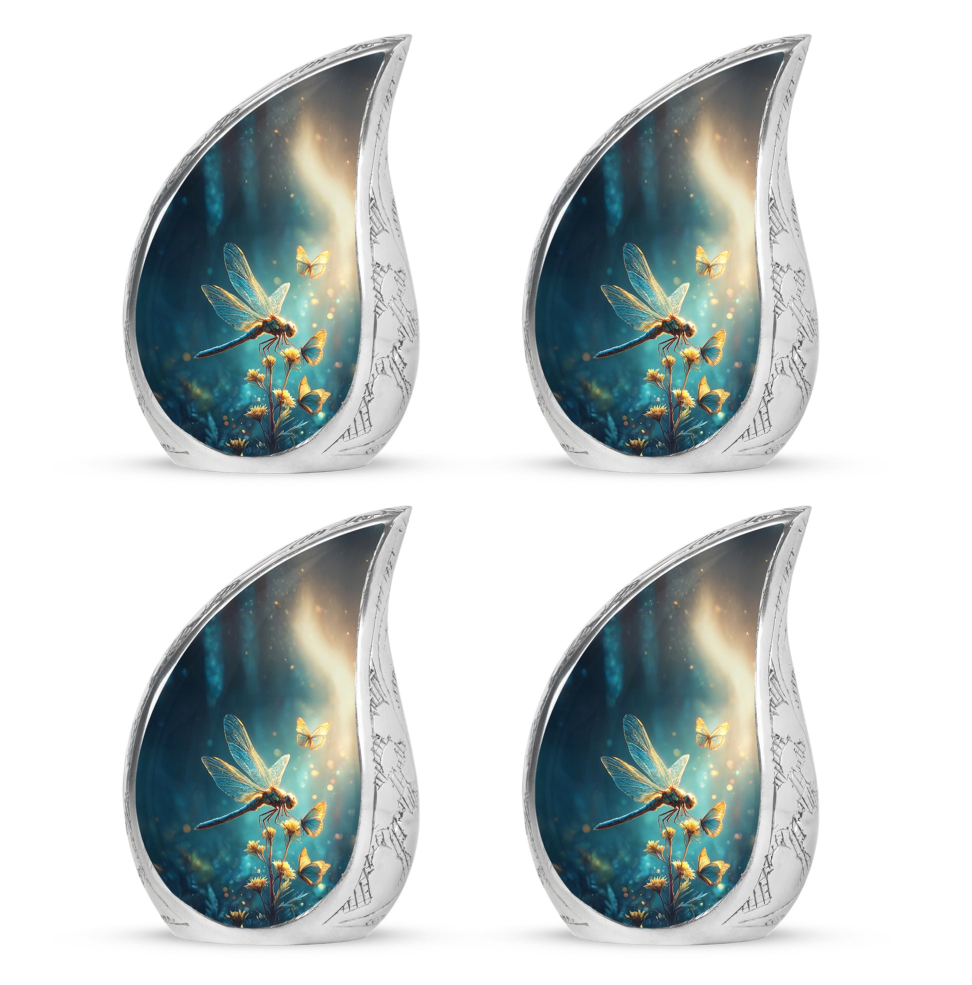 Serene Blue Dragonfly Cremation Urn close-up of engraving and surface detail - smooth teardrop contour featuring dragonfly art - 10 inch aluminum urn for cremated remains