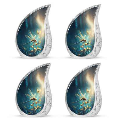 Serene Blue Dragonfly Cremation Urn close-up of engraving and surface detail - smooth teardrop contour featuring dragonfly art - 10 inch aluminum urn for cremated remains