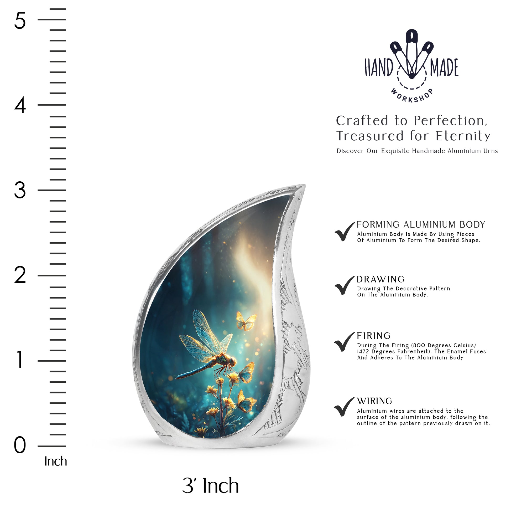 Royal Blue Dragonfly Cremation Urn angled view of lid and engraved motif - smooth teardrop contour featuring dragonfly art - mini keepsake memorial for portion of cremation ashes